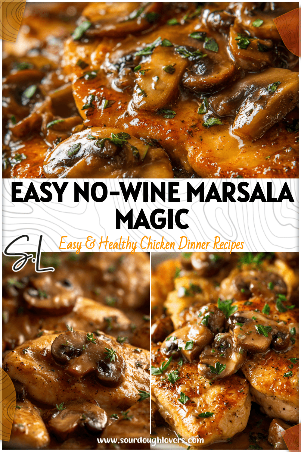 Close-up of golden chicken marsala without wine cooked in creamy marsala sauce topped with mushrooms.
